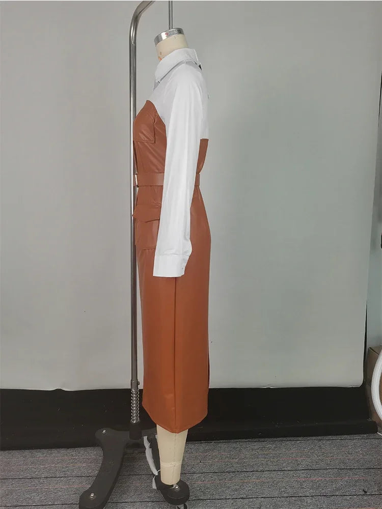 Robe mi-longue à manches longues pour femmes avec boutons, jupe chemise en PU, poche patchwork, ceinture maigre, revers, femme, automne, nouveau, 2025