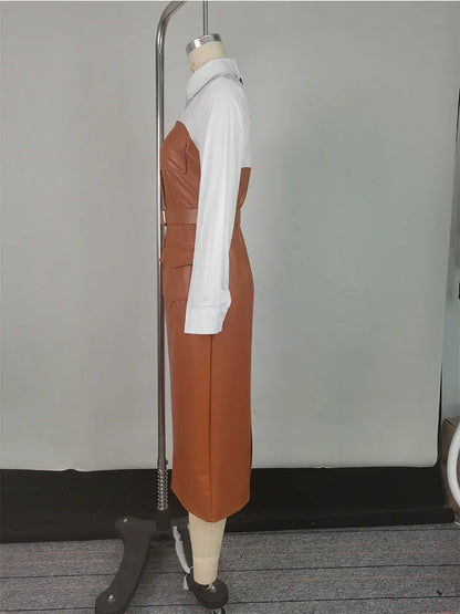 Robe mi-longue à manches longues pour femmes avec boutons, jupe chemise en PU, poche patchwork, ceinture maigre, revers, femme, automne, nouveau, 2025