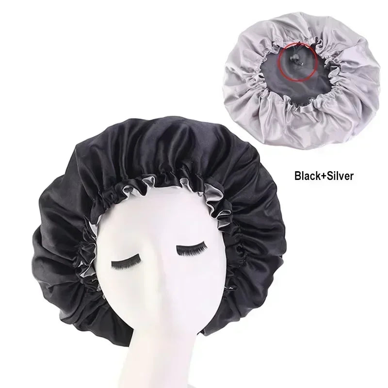 Bonnet en Satin réversible pour cheveux, Double couche réglable, couvre-tête pour dormir, accessoires de coiffure bouclés et élastiques