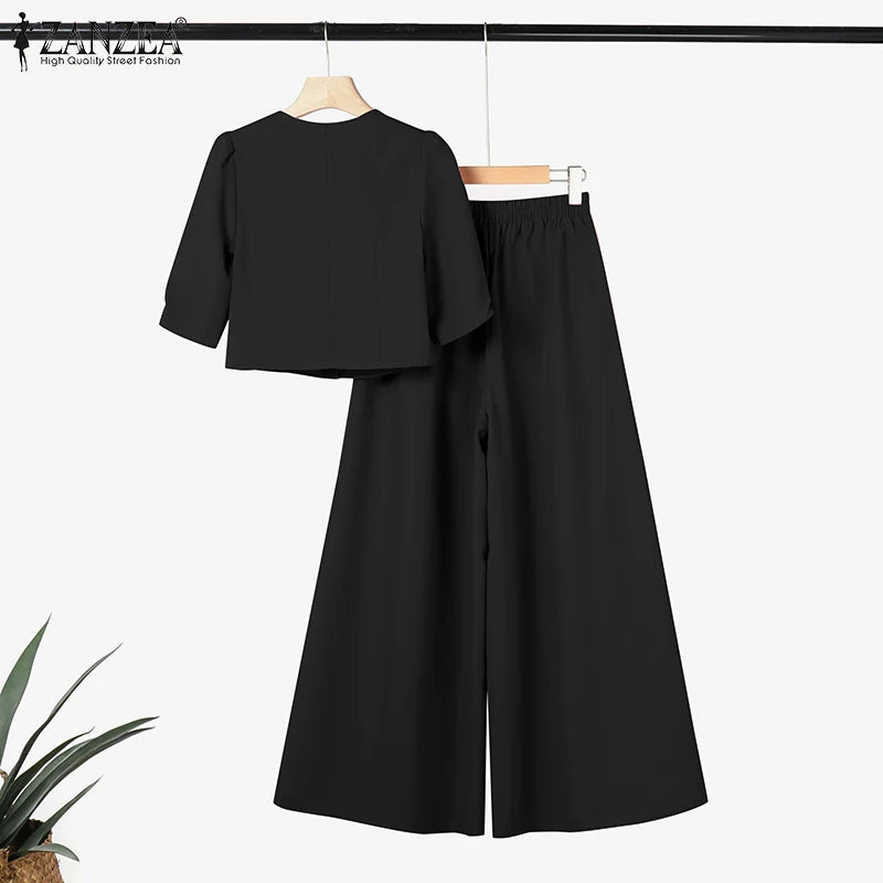 BS -  rue mode femme 2 pièces ensembles élégant manches courtes bouffantes haut court pantalon à jambes larges 2 pièces tenue élégant bureau pantalon ensembles