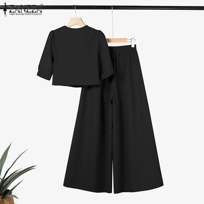 BS -  rue mode femme 2 pièces ensembles élégant manches courtes bouffantes haut court pantalon à jambes larges 2 pièces tenue élégant bureau pantalon ensembles