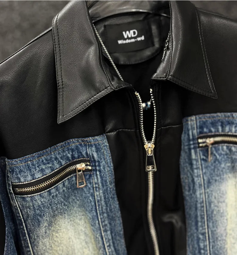 Veste en cuir à manches longues pour hommes avec fermeture éclair, vestes en denim épissées pour hommes, court et décontracté, mode haut de gamme, printemps et automne, 2024