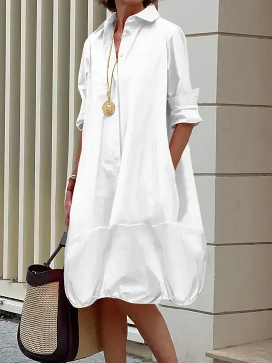 Robe chemise à revers pour femmes, mode noir et blanc, manches longues, ample, décontractée, robes mi-longues quotidiennes, nouvelle collection printemps été