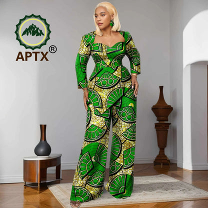 Ensemble deux pièces imprimé africain Ankara pour femmes, haut à manches neuf quarts et pantalon longueur au sol, ensemble décontracté Dashiki avec boucles d'oreilles