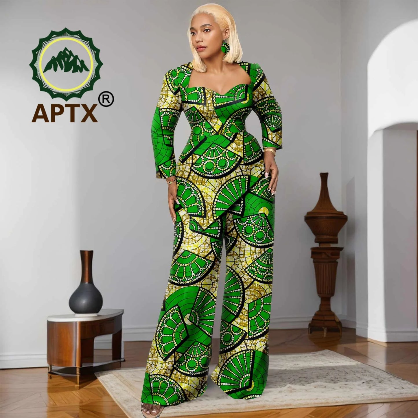 Ensemble deux pièces imprimé africain Ankara pour femmes, haut à manches neuf quarts et pantalon longueur au sol, ensemble décontracté Dashiki avec boucles d'oreilles