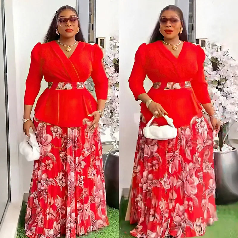 Vêtements africains 2 pièces pour femmes, mode d'été, demi-manches, col en v, haut imprimé en Polyester, jupe longue, ensembles assortis, 2025