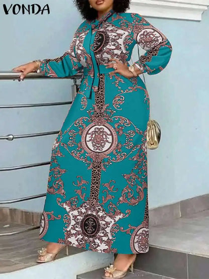 VONDA Robe Maxi 2024 été femmes bohème imprimé fête Robe d'été à manches longues col montant Robe décontractée vacances robes ceinturée
