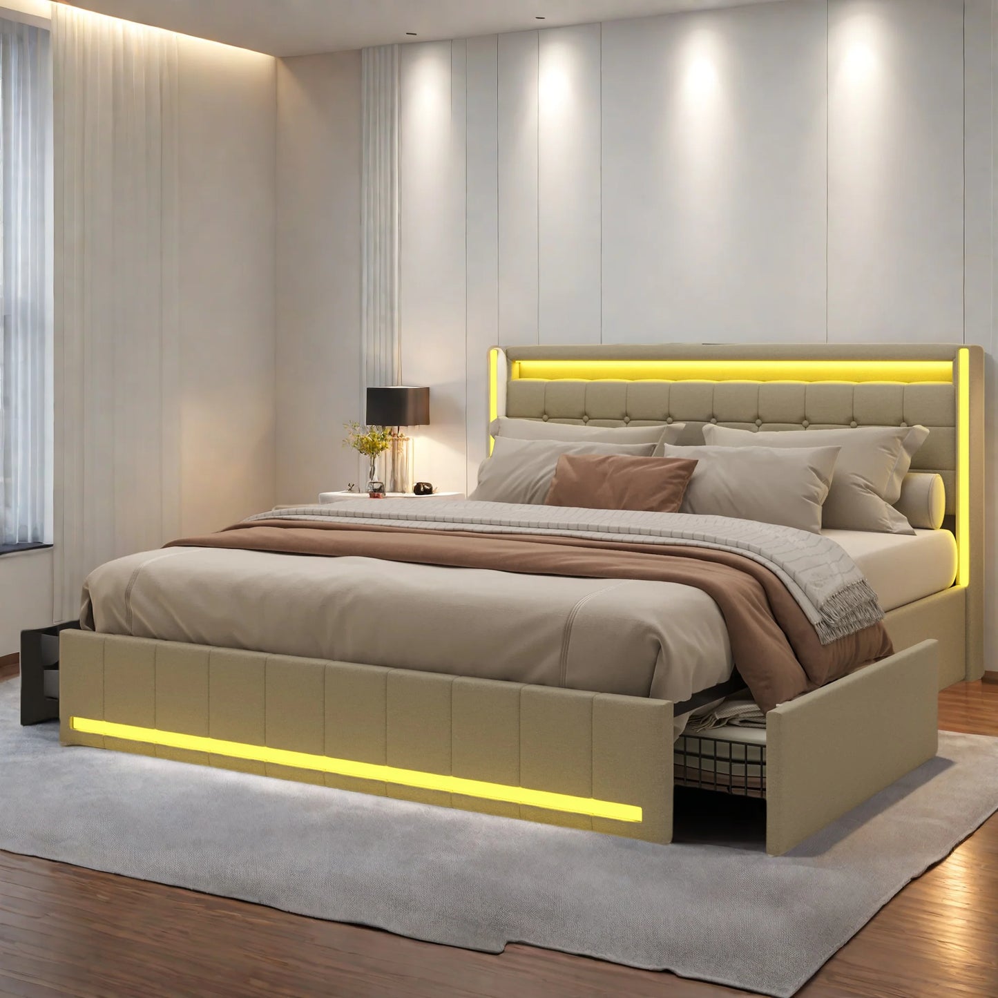 Lit capitonné 140/160x200 cm, tête de lit avec éclairage LED et fonction de chargement USB, lit double avec 4 tiroirs, lit fonctionnel