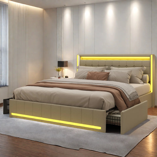 Lit capitonné 140/160x200 cm, tête de lit avec éclairage LED et fonction de chargement USB, lit double avec 4 tiroirs, lit fonctionnel
