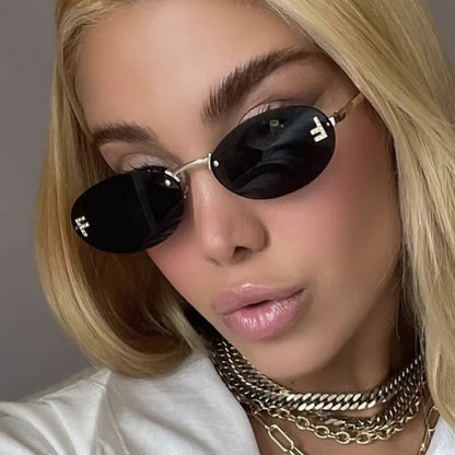 Lunettes de soleil noires sans bords avec petite lettre ovale en diamant «F» pour femmes, marque de luxe, monture métallique, lunettes de soleil Unsiex, nuances élégantes UV400