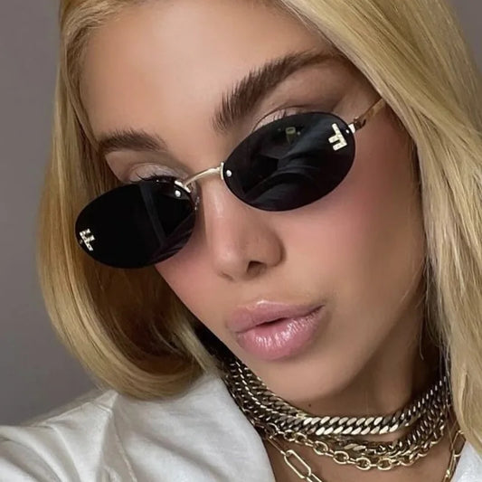 Lunettes de soleil noires sans bords avec petite lettre ovale en diamant «F» pour femmes, marque de luxe, monture métallique, lunettes de soleil Unsiex, nuances élégantes UV400