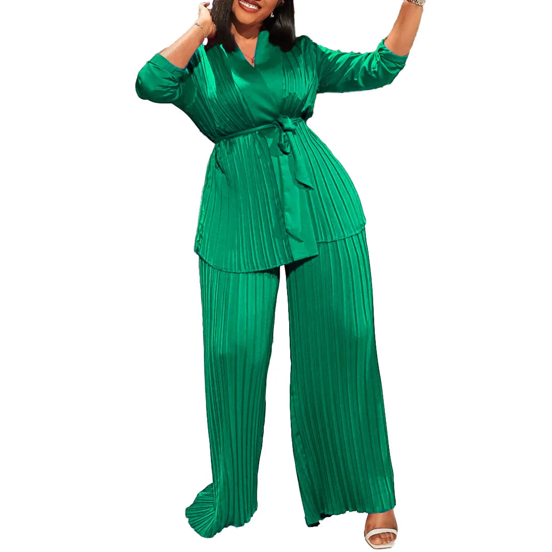 Ensemble deux pièces pour femmes africaines, mode d'été ample et plissé, chemise élégante à lacets OL, jambes larges, pantalon plissé