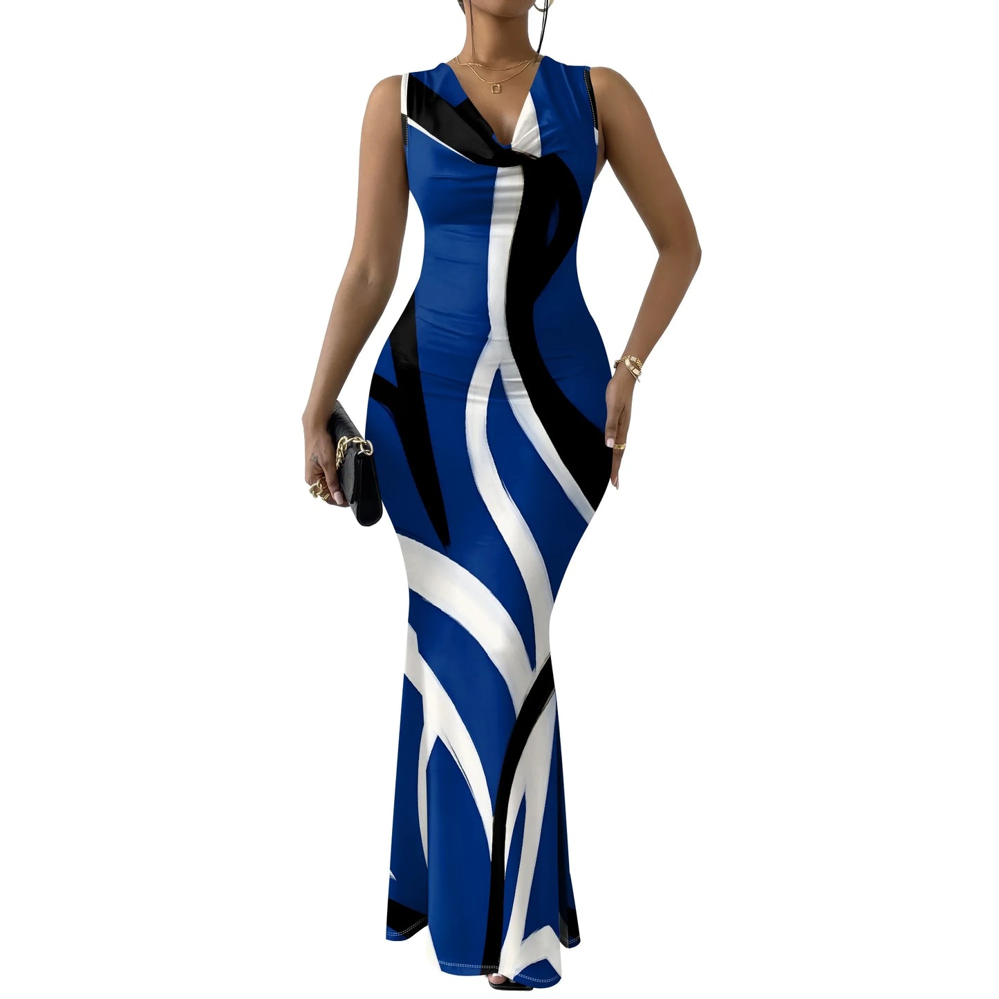 Robes d'invitées de mariage d'été pour femmes sirène élégante motif de rayures artistiques robe Maxi col en V sans manches robe de bal de soirée