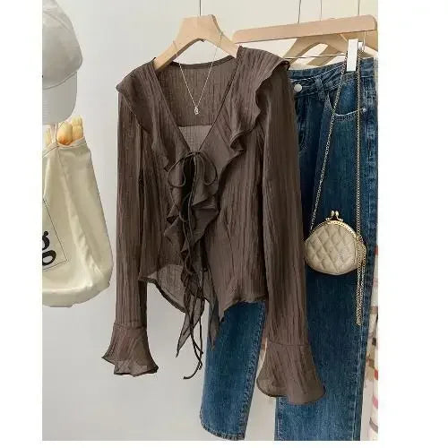 Chemisiers pour femmes Chemise Femme chemises évasées à volants pour femmes Blusas Femininas Elegantes Y2k hauts Vintage printemps Chemise manteau mince