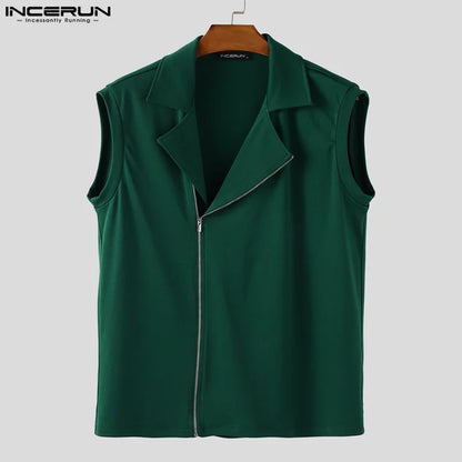 INCERUN hauts sans manche t-shirt été hommes débardeurs couleur unie fermeture éclair revers gilets hommes hauts surdimensionné vêtements pour hommes Streetwear