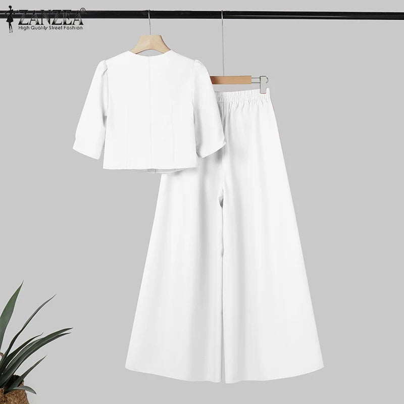 BS -  rue mode femme 2 pièces ensembles élégant manches courtes bouffantes haut court pantalon à jambes larges 2 pièces tenue élégant bureau pantalon ensembles