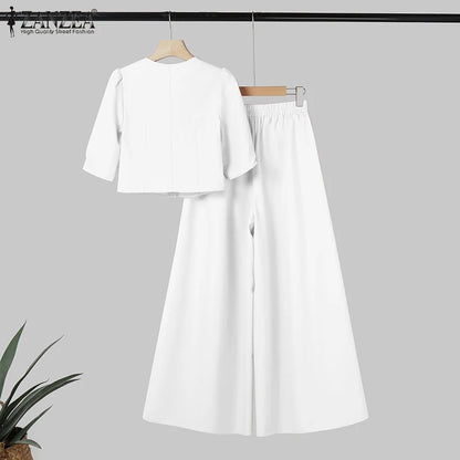 BS -  rue mode femme 2 pièces ensembles élégant manches courtes bouffantes haut court pantalon à jambes larges 2 pièces tenue élégant bureau pantalon ensembles