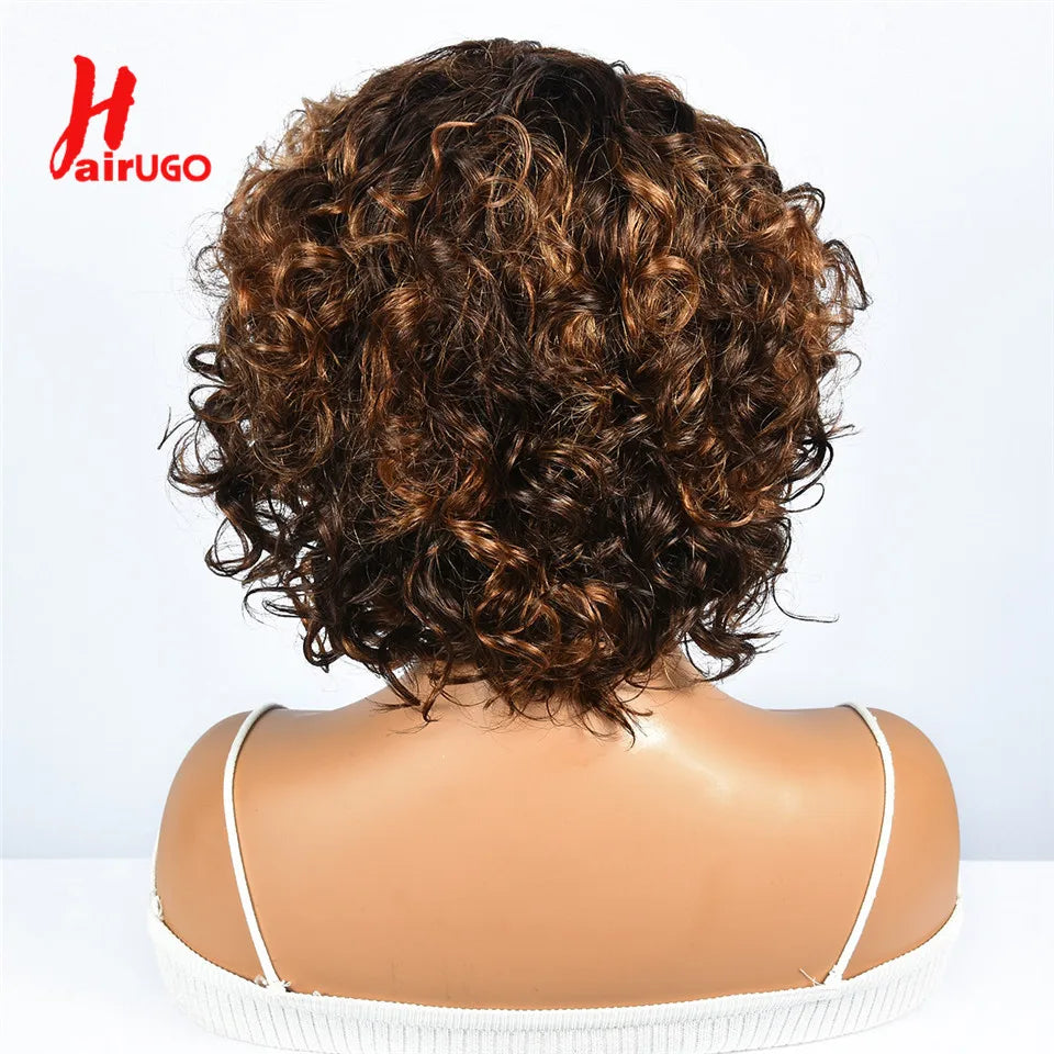 Hairugo-Perruque de Cheveux Humains Bouclés Coupe Pixie à Reflets, Sans Colle, avec Frange Entièrement Fabriquée à la Machine