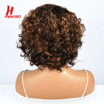 Hairugo-Perruque de Cheveux Humains Bouclés Coupe Pixie à Reflets, Sans Colle, avec Frange Entièrement Fabriquée à la Machine