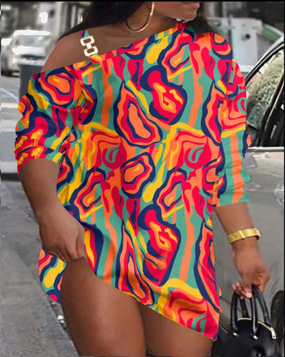 Mini robe imprimée décontractée pour femmes, mode, coupe ample, col diagonale ajouré, manches longues, robes de soirée courtes, Club, automne