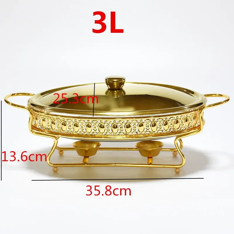 Plat de service en verre en acier inoxydable, petit réchaud, chauffe-plats, Buffet de luxe, ovale doré, hôtel, bol à friction de mariage