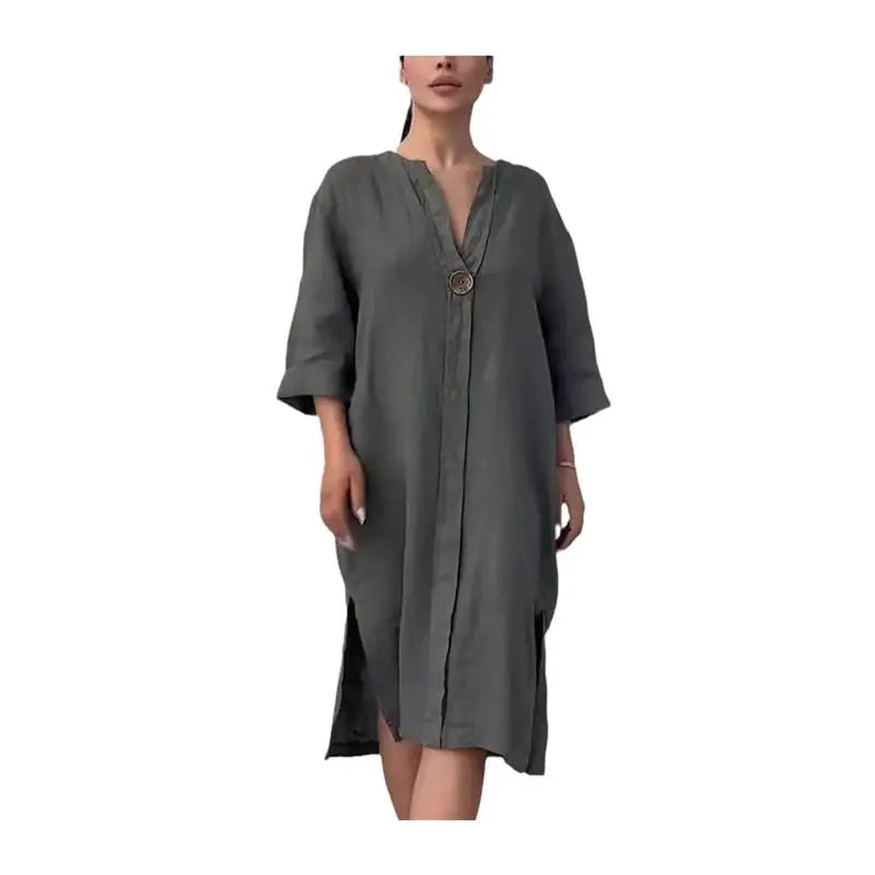 Femmes décontracté boutonné lin irt Long Ne rond couleur Blo vêtements pour animaux de compagnie accessoires