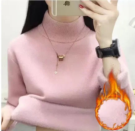 Pull Slim à Demi-Col Roulé pour Femme, Tricot Doublé de Velours, Chaud, Épais, en Jersey Doux, Collection Hiver