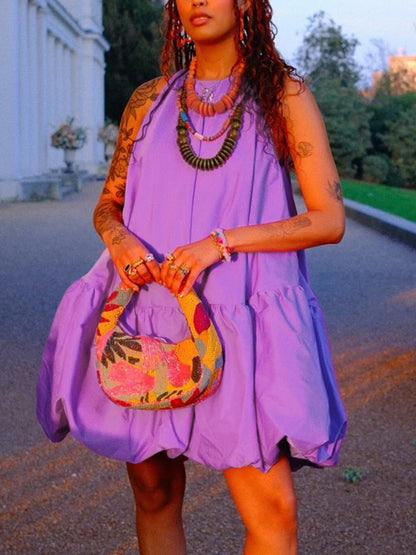 Krisstargirl femmes été bulle Mini robe 2025 taille haute sans manches jupe évasée coton robes courtes décontractées pour femme