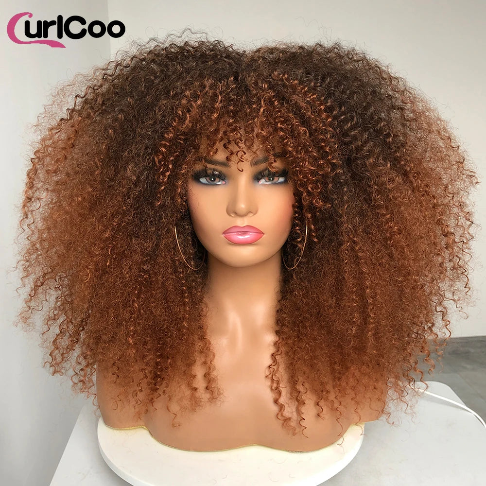 Perruque bouclée avec frange, perruque Afro bouclée pour femmes noires, perruque longue et moelleuse en Fiber synthétique pour fête quotidienne, Cosplay