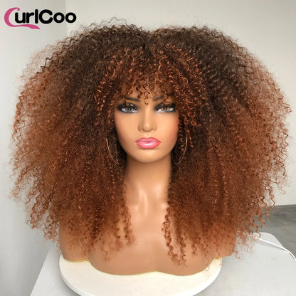 Perruque bouclée avec frange, perruque Afro bouclée pour femmes noires, perruque longue et moelleuse en Fiber synthétique pour fête quotidienne, Cosplay