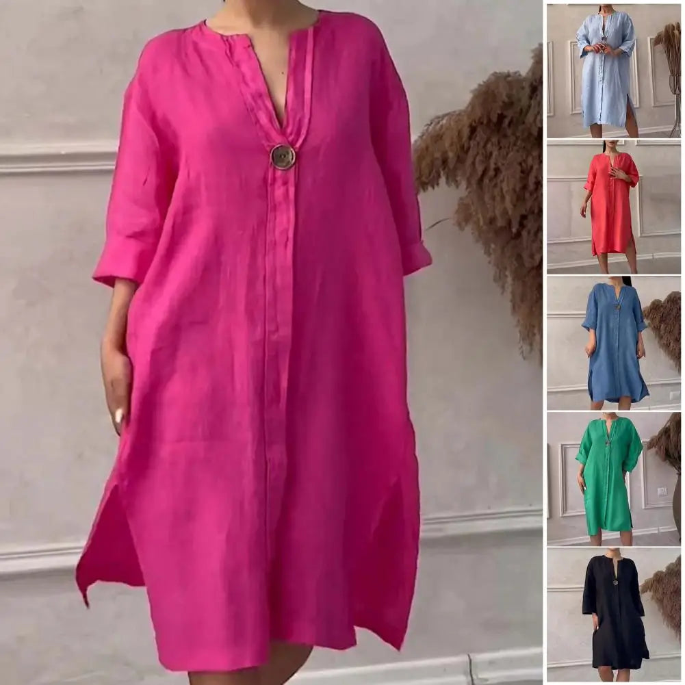 Robe mi-longue à col en V pour femme, tissu doux, robe boutonnée pour femme, robe à col en V, robe trapèze, manches trois quarts