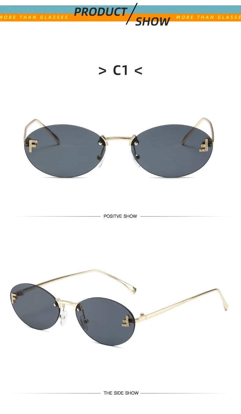 Lunettes de soleil noires sans bords avec petite lettre ovale en diamant «F» pour femmes, marque de luxe, monture métallique, lunettes de soleil Unsiex, nuances élégantes UV400