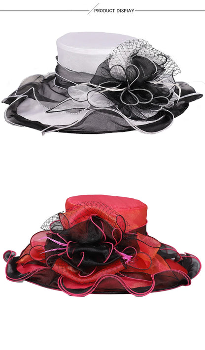 FS été bleu vert église Chapeau pour femmes élégant à large bord Organza Fascinator chapeaux mariage mariée Casquette avec fleur Chapeau Femme