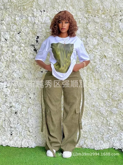 Personnalisé 2025 nouvelles femmes rayure imprimé 2 pièces ensembles survêtement femmes décontracté grande taille bureau montre de sport et pantalon à jambes larges ensemble