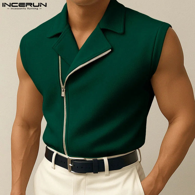 INCERUN hauts sans manche t-shirt été hommes débardeurs couleur unie fermeture éclair revers gilets hommes hauts surdimensionné vêtements pour hommes Streetwear
