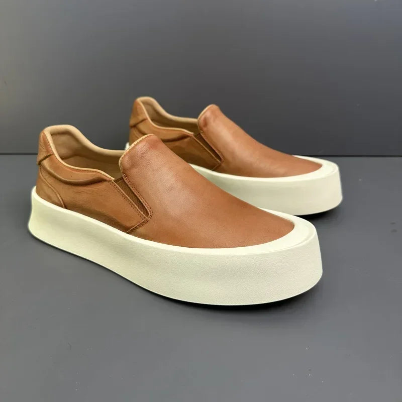 2025 printemps et automne nouveaux hommes chaussures décontractées en cuir véritable semelle épaisse conseil chaussures