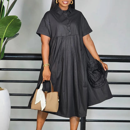 Robe chemise à manches courtes pour femmes, couleur unie, jupe trapèze, élégante, décontractée, Maxi, pour printemps et automne, mode été