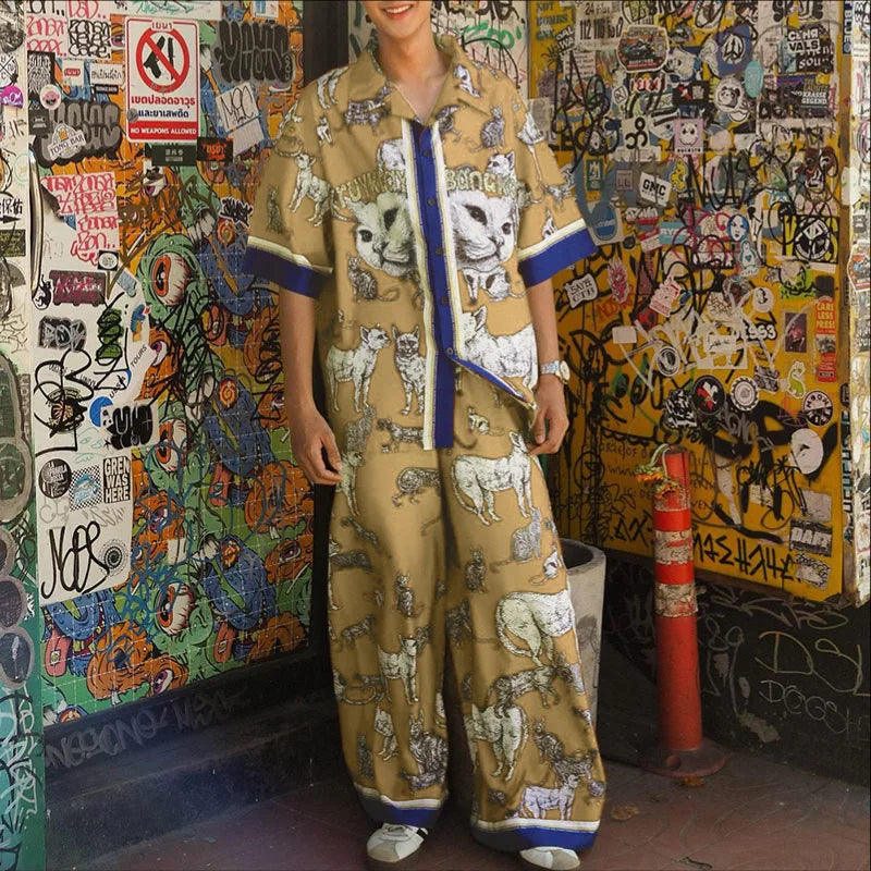 INCERUN hommes ensembles impression Patchwork revers manches courtes chemise et pantalon deux pièces ensembles été ample vacances décontracté hommes costumes