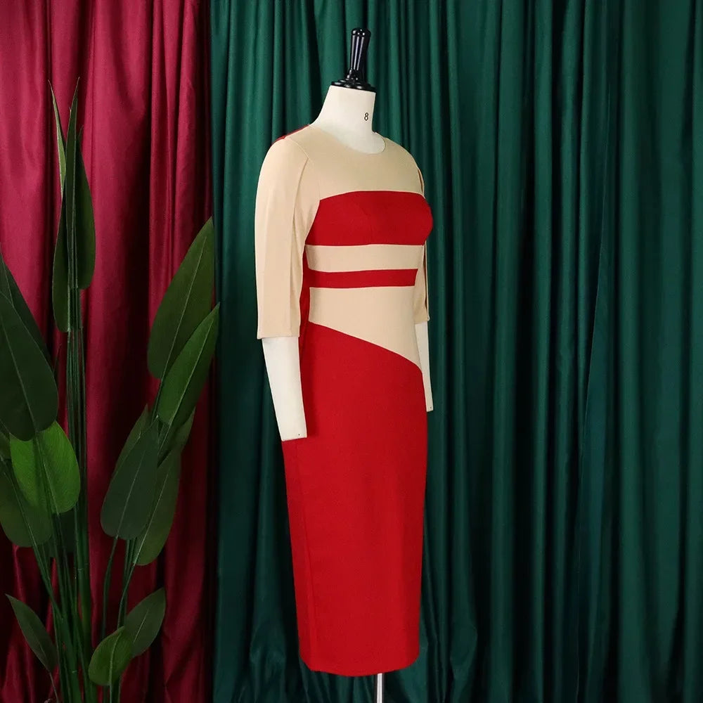 Robe élégante à col rond pour femme, manches trois quarts, gaine patchwork, hanches GT, mi-mollet, affaires professionnelles, chaud, bureau