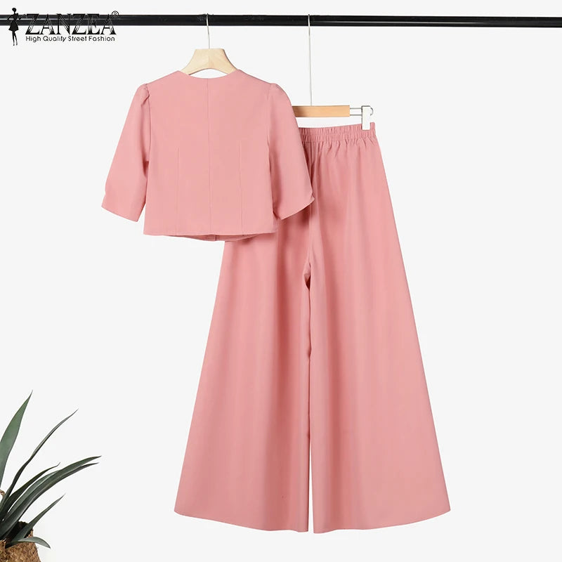 BS -  rue mode femme 2 pièces ensembles élégant manches courtes bouffantes haut court pantalon à jambes larges 2 pièces tenue élégant bureau pantalon ensembles