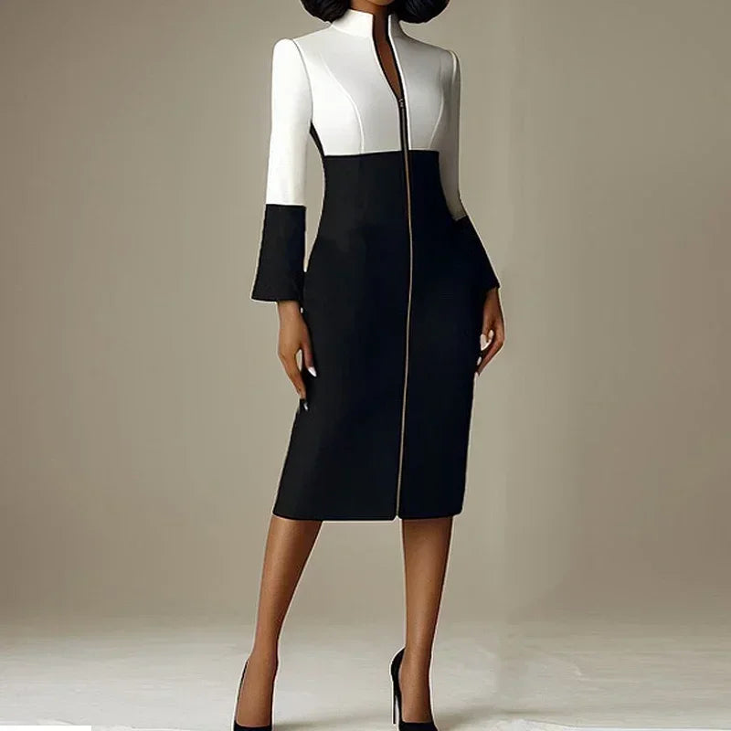 Krisstar 2025 nouvelles robes moulantes pour femmes couleur contrastée col en v avec fermeture éclair manches longues Occasion formelle bureau robes mi-longues