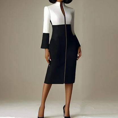 Krisstar 2025 nouvelles robes moulantes pour femmes couleur contrastée col en v avec fermeture éclair manches longues Occasion formelle bureau robes mi-longues