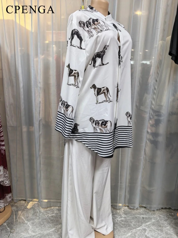 Ensemble Dashiki africain 2 pièces pour femmes, haut imprimé chien, pantalon ample, costume traditionnel, respirant, confortable, tenue décontractée, été