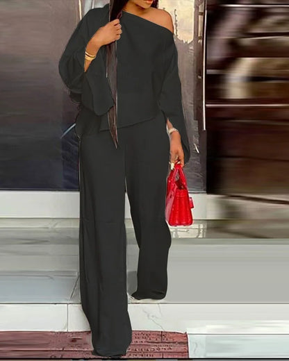 Ensemble Deux Pièces Élégant pour Femme, Couleur Unie, Manches Évasées, Sexy, Blouse, Haut + Pantalon à Jambes Larges, Costumes à la Mode, Automne
