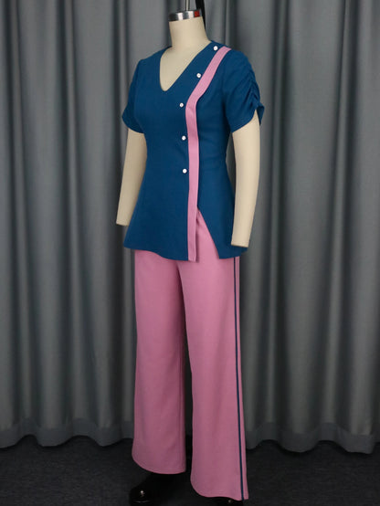 BERAKAH SUPRÊME -Haut rigide à col en V avec pantalon à jambes larges en Patchwork, ensemble deux pièces de Style africain, tenue d'affaires pour femmes, tenues d'été pour femmes