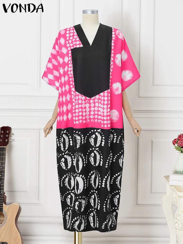 VONDA Vintage Robe Maxi femmes été fête imprimer robes 2025 mode col en v 3/4 manches décontracté surdimensionné ample longue Robe