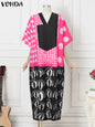 VONDA Vintage Robe Maxi femmes été fête imprimer robes 2025 mode col en v 3/4 manches décontracté surdimensionné ample longue Robe