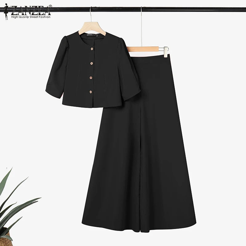 BS -  rue mode femme 2 pièces ensembles élégant manches courtes bouffantes haut court pantalon à jambes larges 2 pièces tenue élégant bureau pantalon ensembles