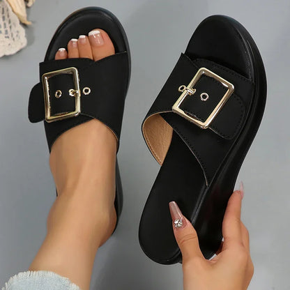 Sandales à talons compensés avec boucle en métal pour femmes, sandales d'été en cuir Pu à fond épais, légères, à talons hauts, pour la plage, 2025