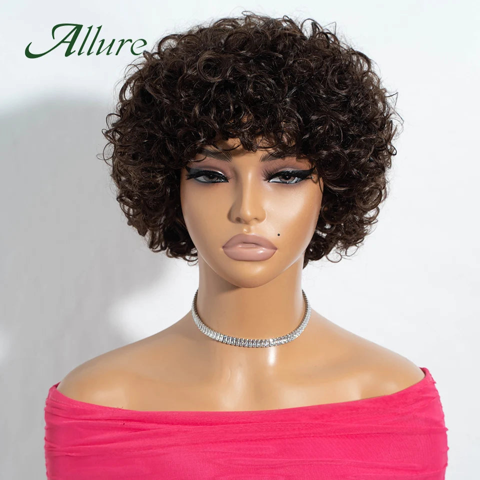 Jerry bouclés perruques de cheveux humains pour les femmes noires 10 pouces court Pixie Afro crépus bouclés perruque avec frange brun couleur cheveux perruques Allure